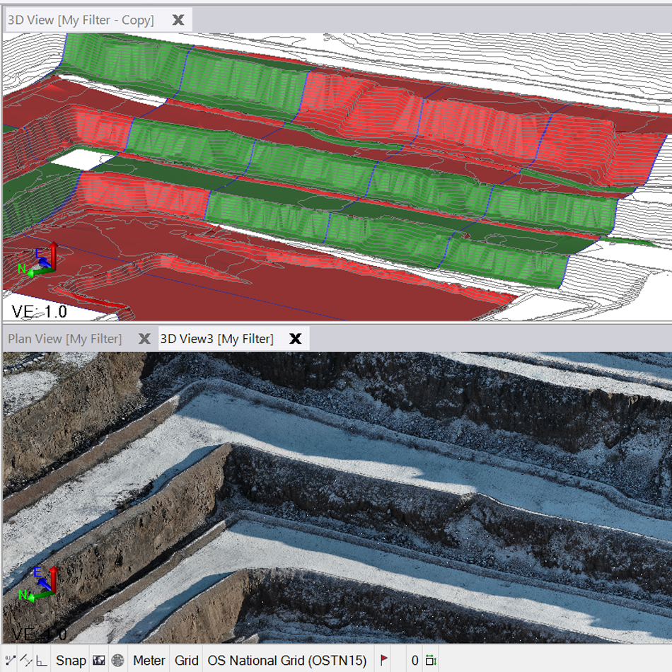 Trimble Business Center software zeigt die Neigungskonformität für einen Bergbaustandort