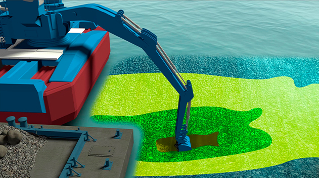An excavator on a barge performs a marine dredging operation using real-time sonar imaging to create a 3D digital visualization
