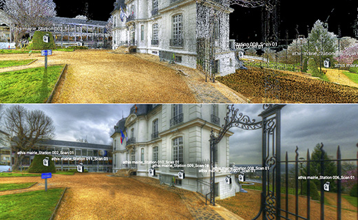 Logiciel Trimble Clarity comparant deux images de nuages de points de la façade et des environs d'un bâtiment, avec des annotations.