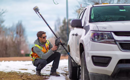 surveyor near a vehicle with tilted pole