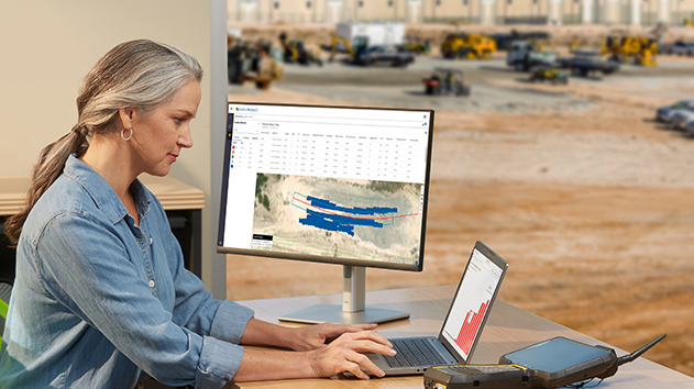 Trimble WorksOS screenshot showing real-time compaction data in table and map view
