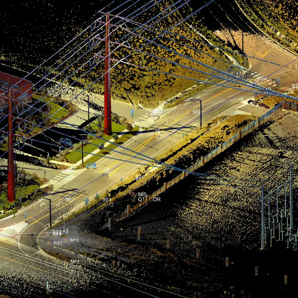 Trimble Business Center software displaying a point cloud of residential streets