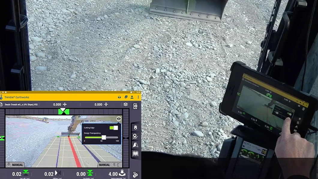Excavator using Trimble Earthworks Grade Control Platform with augmented reality.
