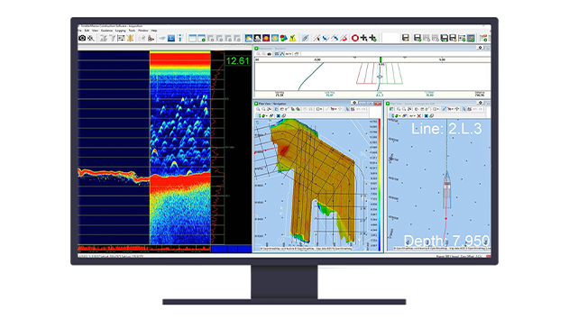 Monitor showing Trimble Marine Construction software (TMC) with a hydrographic surveying screen