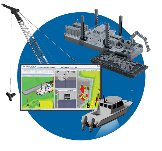 Trimble spotlight on marine construction products, including a real-time 3D visualization of the seafloor in Trimble Marine Construction software (TMC), a crane and tetrapod, an excavator dredging and hydrographic surveying