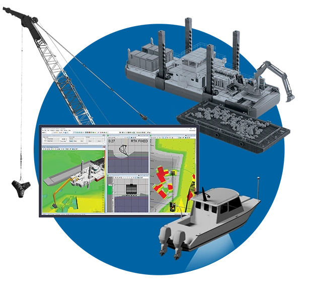 Trimble spotlight on marine construction products, including a real-time 3D visualization of the seafloor in Trimble Marine Construction software (TMC), a crane and tetrapod, an excavator dredging and hydrographic surveying
