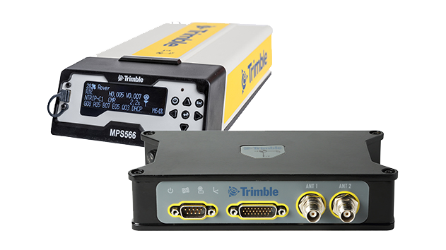 Trimble MPS566 Model 2 modular GNSS heading receiver showing positioning data, and Trimble BX992 GNSS receiver with antenna and data ports