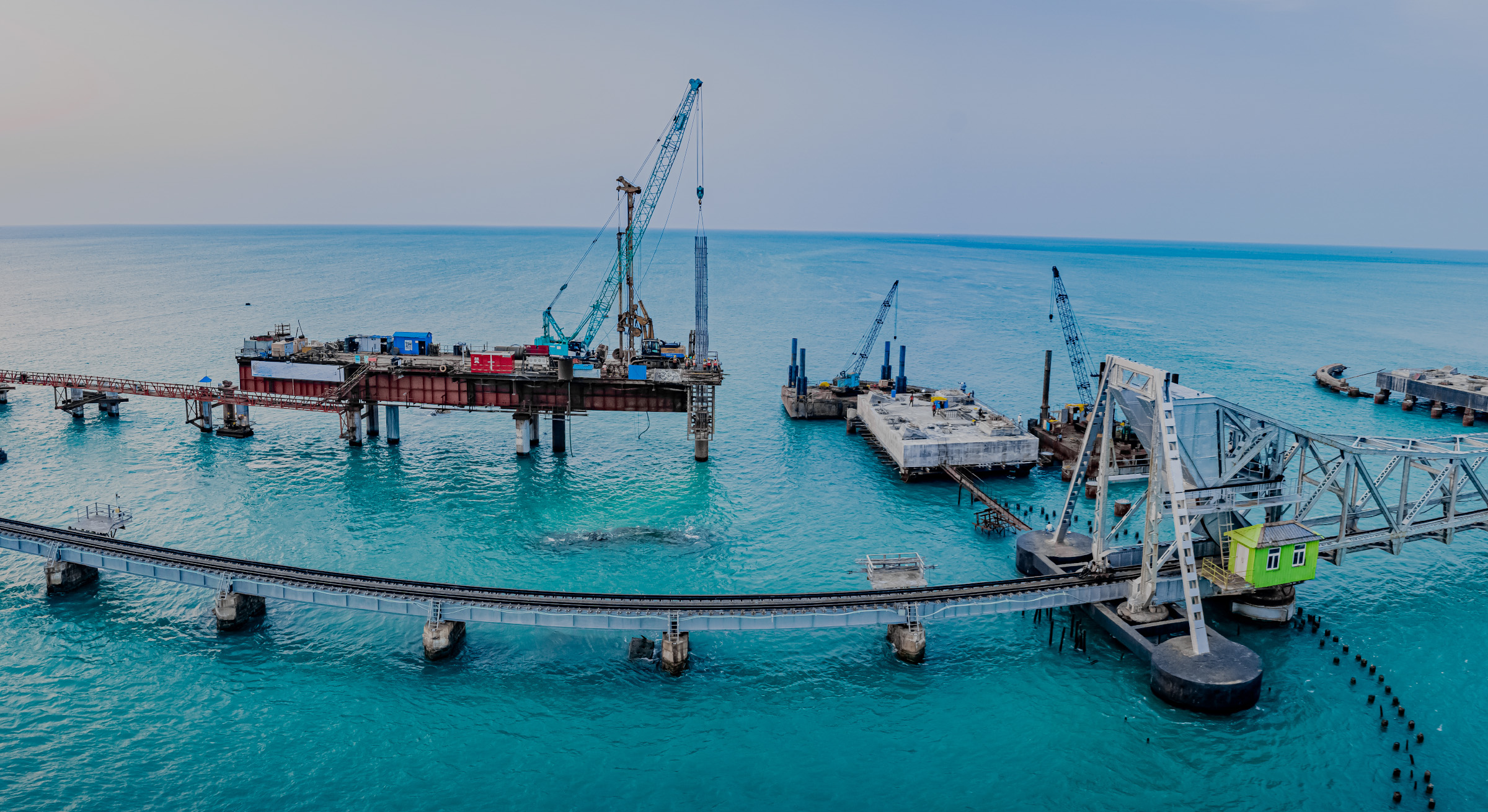 Railroad bridge over marine construction project