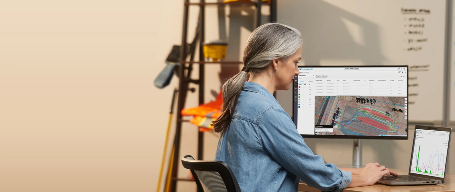 Worker in a construction office using WorksOS software for real-time jobsite visibility