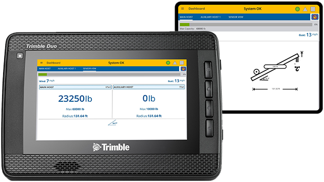 Trimble software dashboard displayed on a Trimble Duo display monitoring a lifting operation, alongside a Trimble software dashboard on a tablet reporting on the same lifting operation