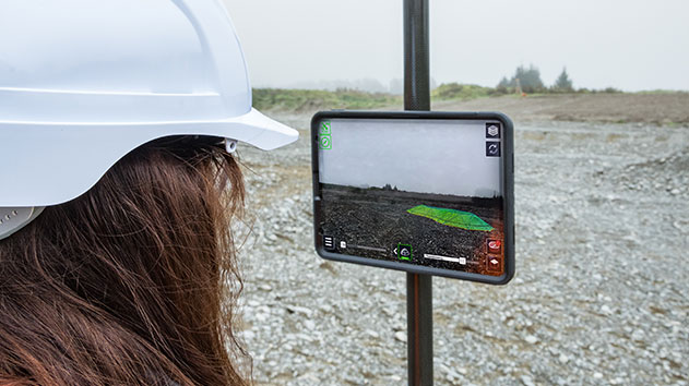 Trimble SiteVision augmented reality software displaying a scan of a stockpile or excavation area for accurate volume reporting in the field.