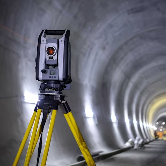 Station totale Trimble S9 installée dans un réseau de tunnels vide