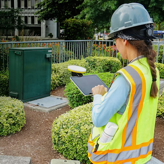 Worker in high-visibility vest and hard hat using Trimble Sitevision to visualize data in the field