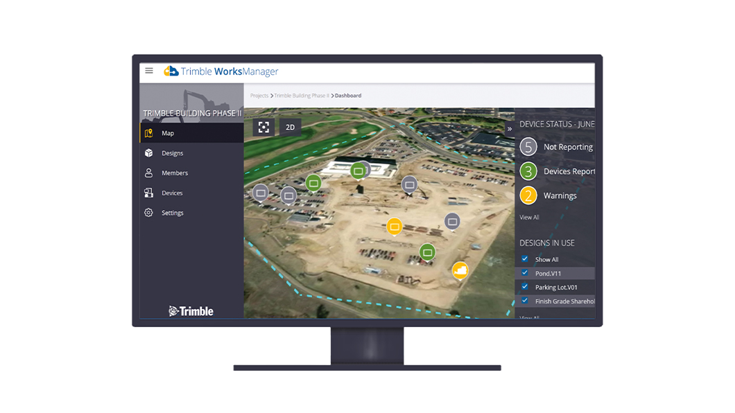 Desktop monitor displaying Trimble WorksManager software tracking the location of jobsite assets to optimize resource utilization