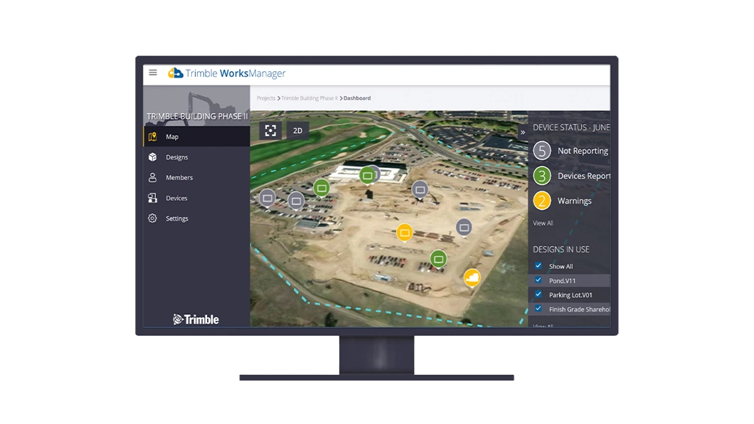 Desktop monitor displaying Trimble WorksManager software tracking the location of jobsite assets to optimize resource utilization