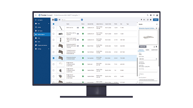 Desktop monitor displaying Trimble Connect software reality capture menu