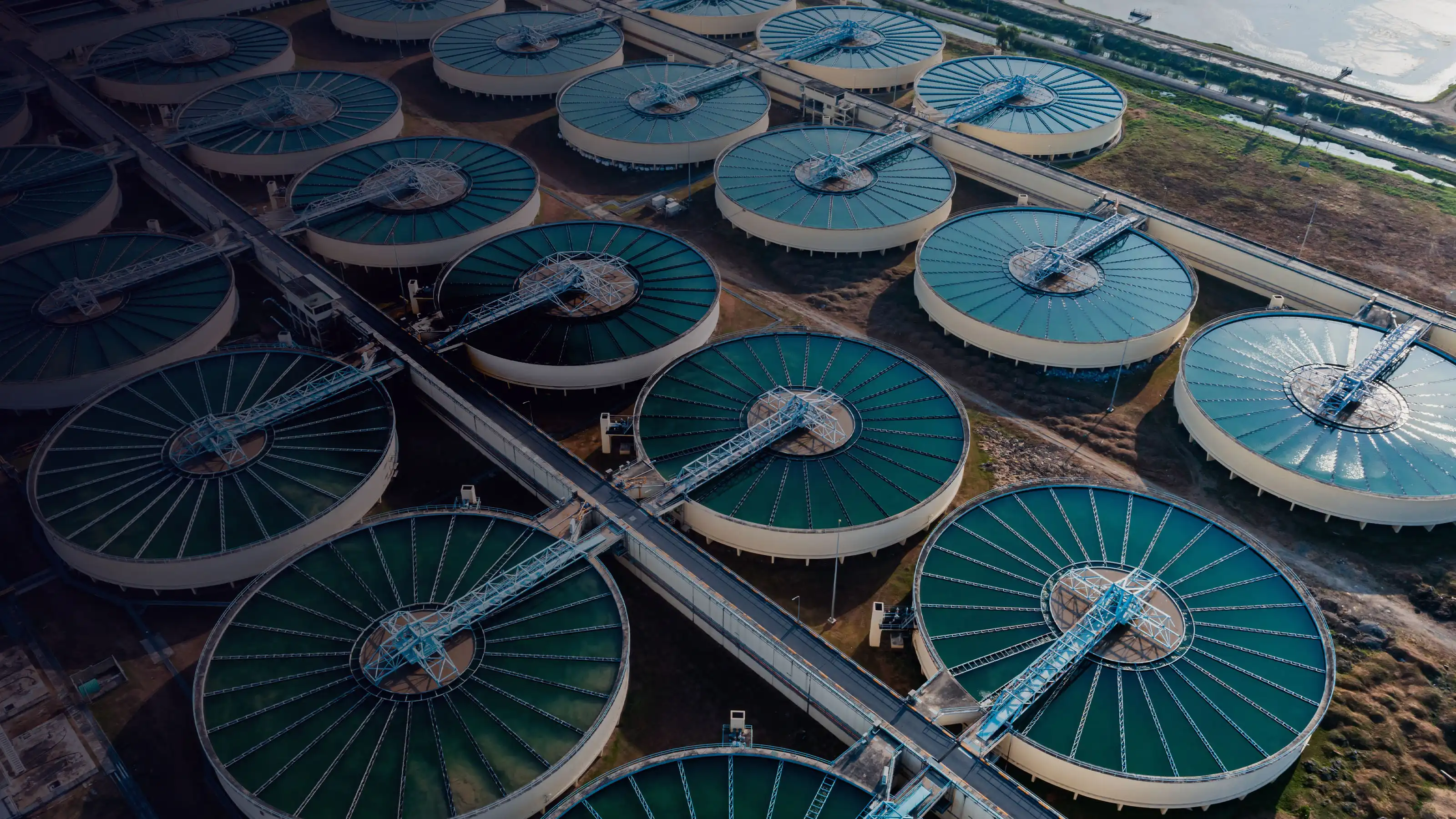 Aerial drone view of a wastewater treatment plant.