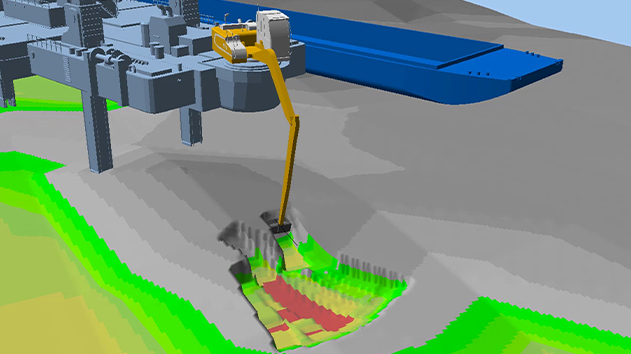 A marine excavator dredging the seafloor using Trimble real-time machine guidance in a 3D visualization