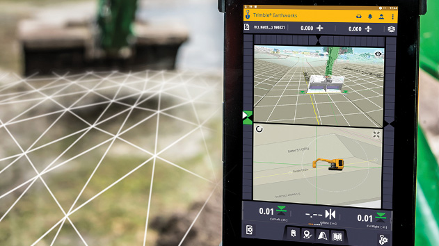 Trimble tablet showing augmented reality inside an excavator cab