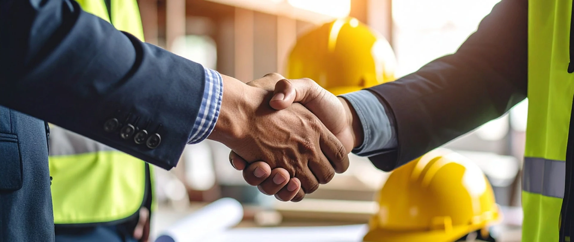 Two workers shaking hands on a jobsite