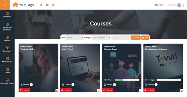 A customized course library in Tovuti learning management software