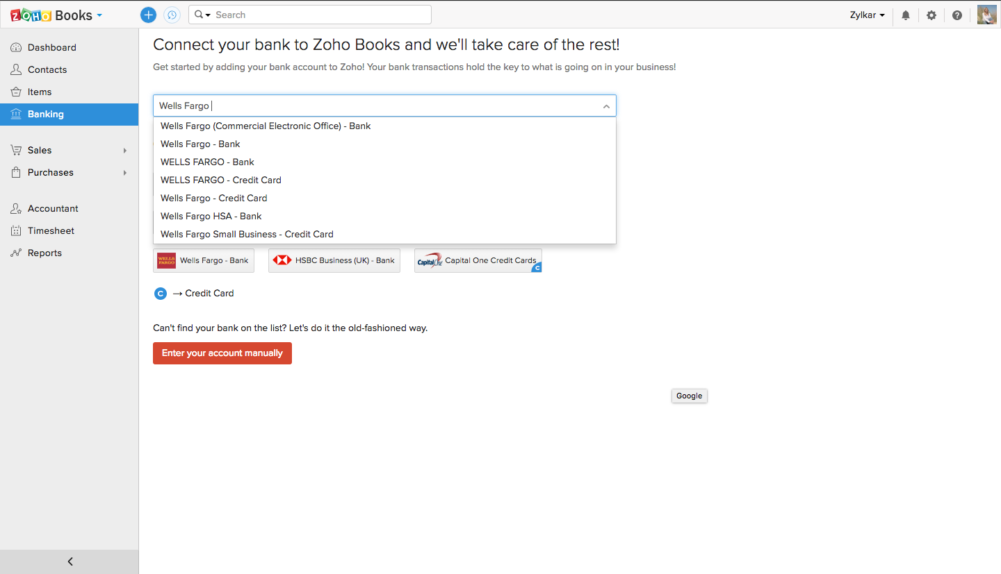 Connecting a bank account to Zoho Books