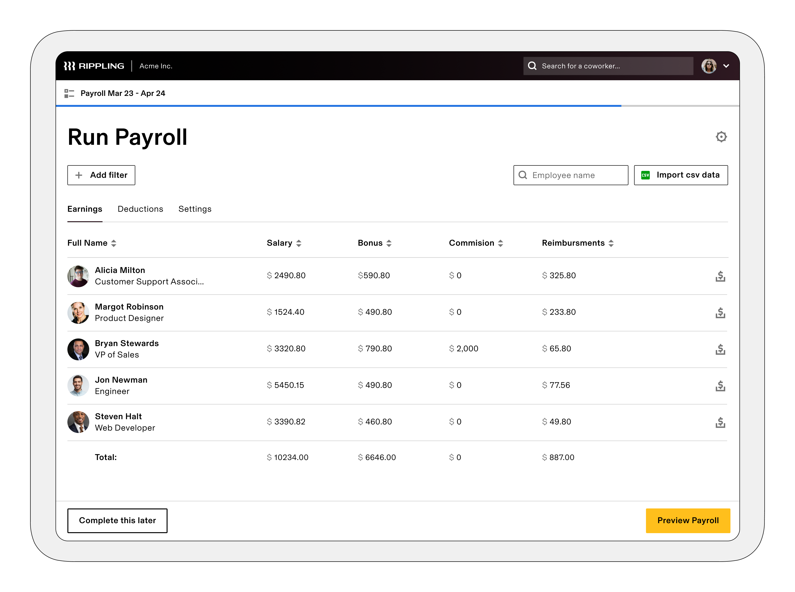 Managing employee payroll in Rippling