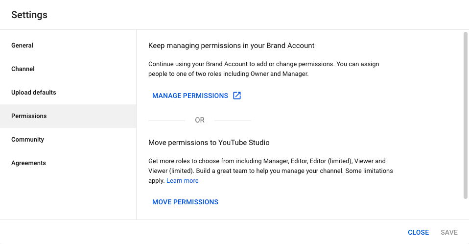 Move to  Studio Channel Permissions for Brand Accounts