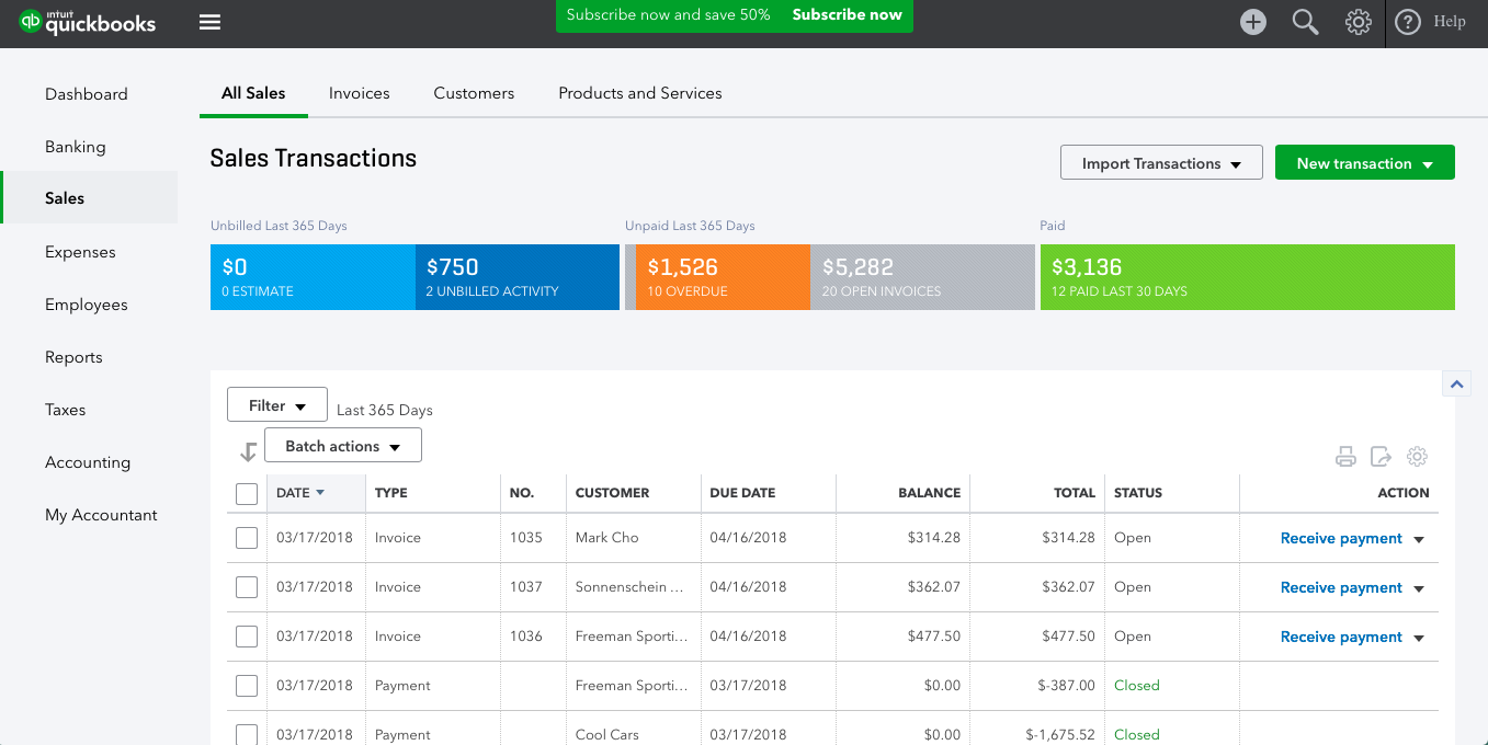 Summary of sales transactions in QuickBooks Online