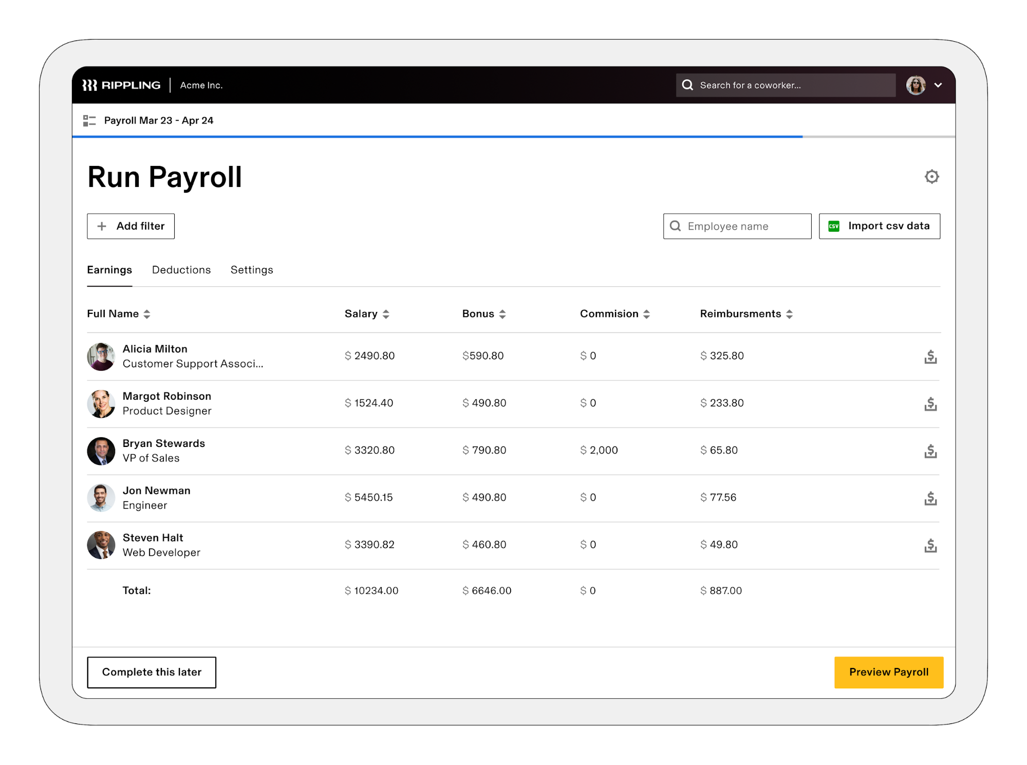 Managing employee payroll in Rippling