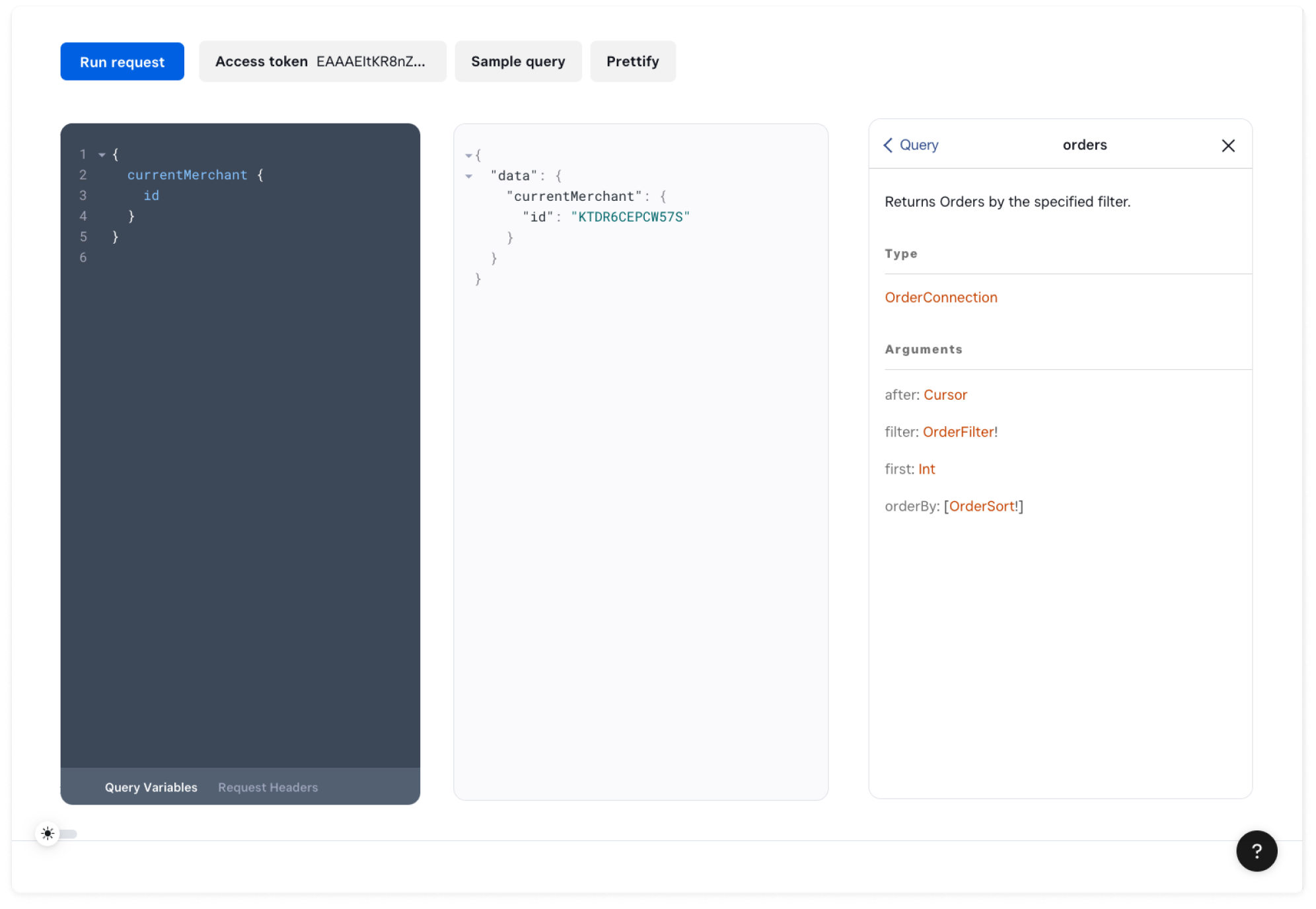 A screenshot of GraphQL Explorer with the orders entry point showing in Documentation Explorer.