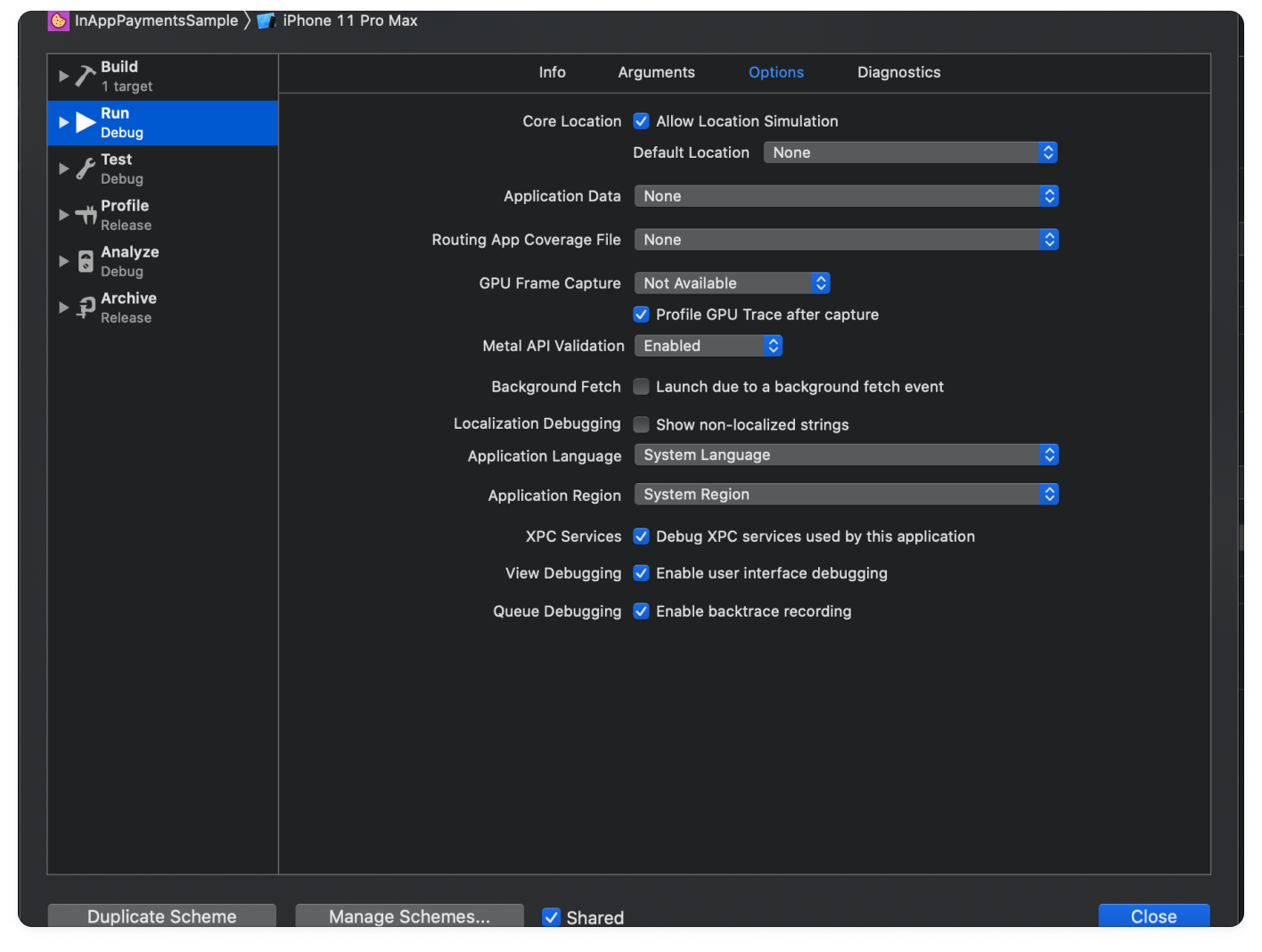 A graphic showing your Xcode project schema, with Application Language set to System Language.