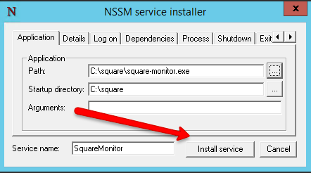 The following image shows the Microsoft NSSM service installer with an arrow pointing at the Install service button.