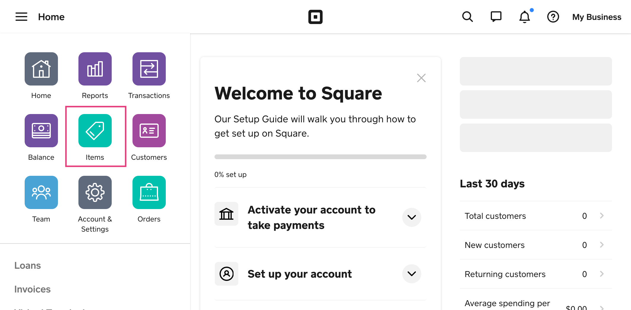 Square Seller Dashboard with items applications highligthed.