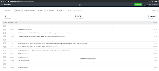 This is an image showing the Square Dashboard, Transactions list with category level aggregation