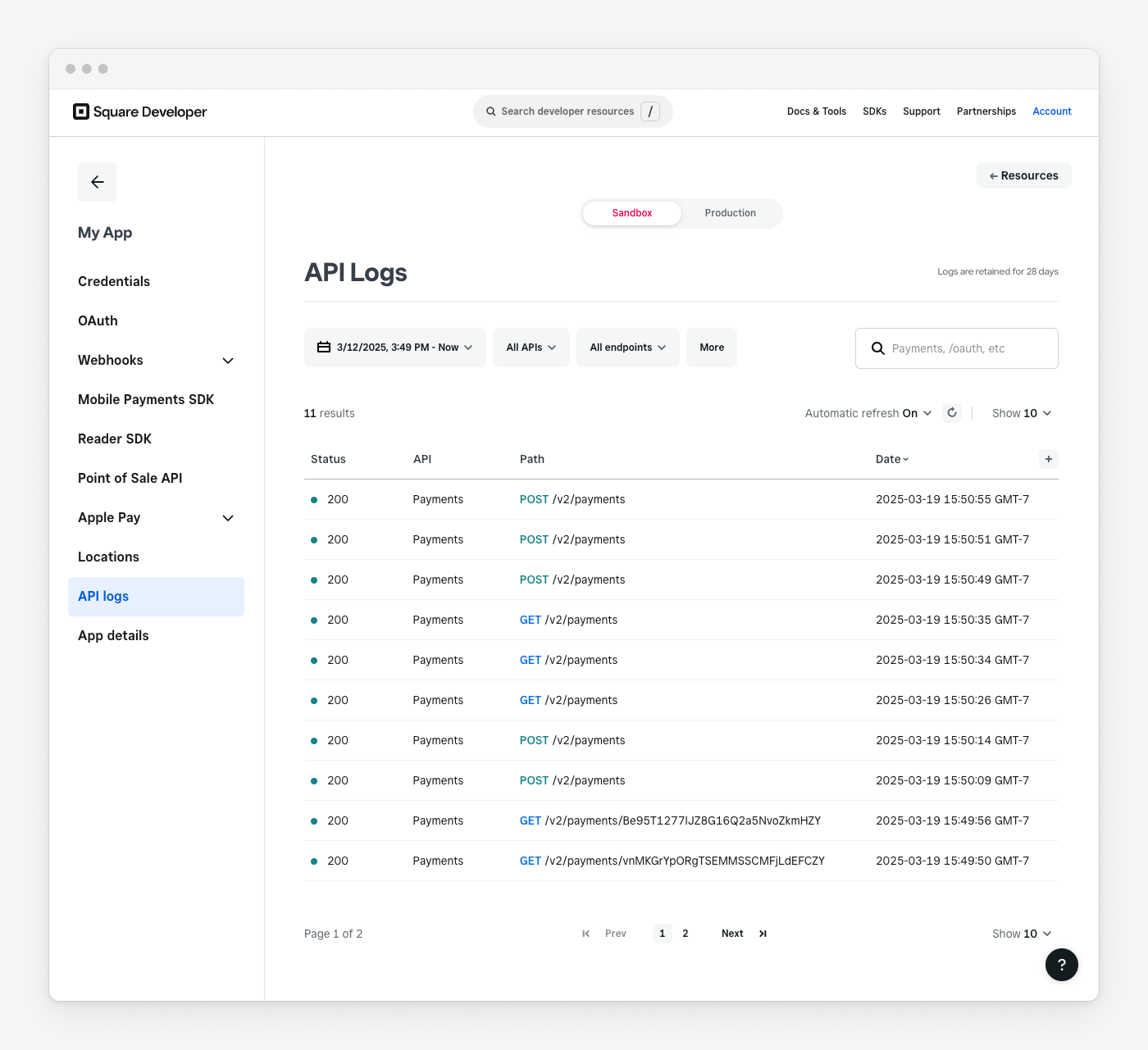 An animation showing the API Logs user interface in the Developer Console.