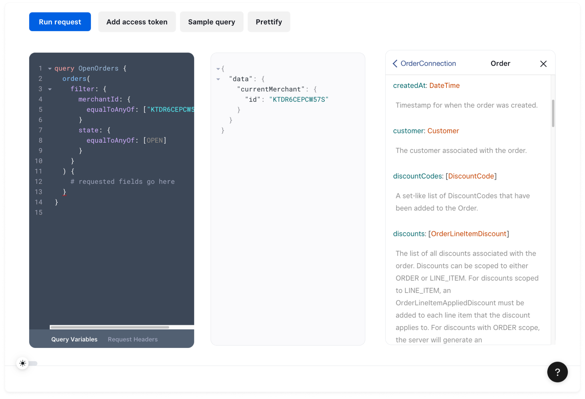 A screenshot of GraphQL Explorer with the Order object type showing in Documentation Explorer.