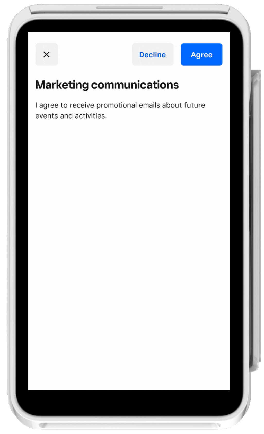 A Square Terminal screen to confirm to agree or decline receiving marketing communications from the seller.
