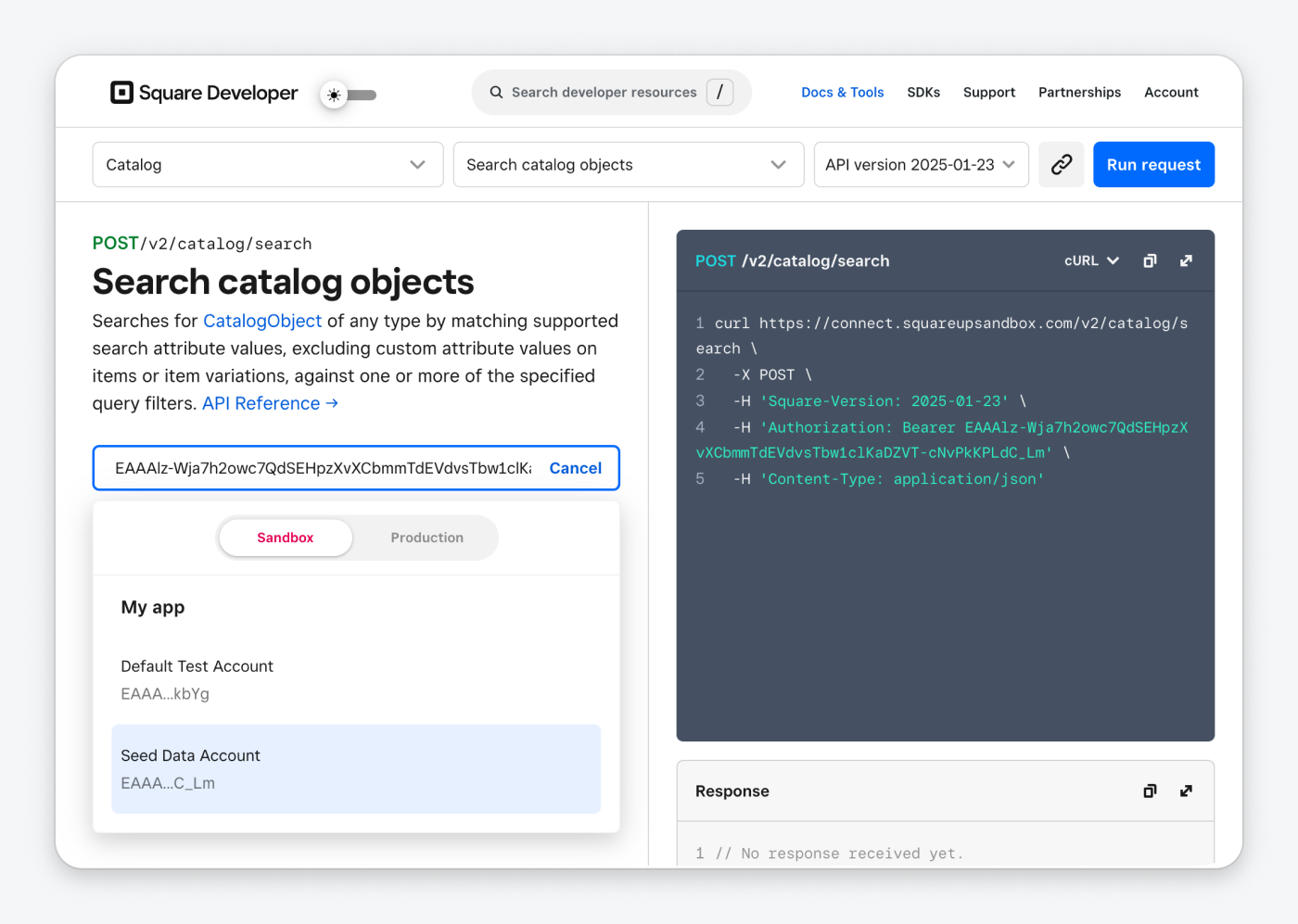 A screenshot showing the API Explorer authorization token selector and two token choices.