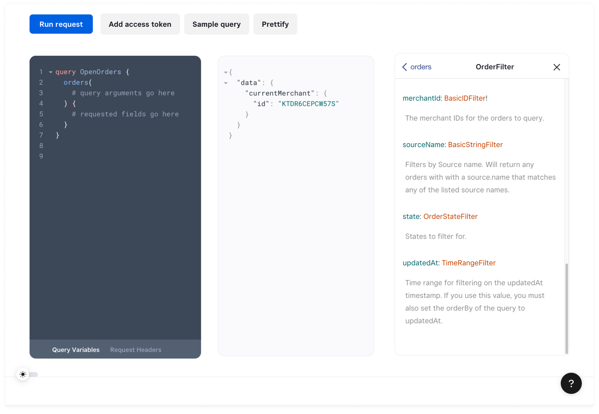 A screenshot of GraphQL Explorer with the OrderFilter input type showing in Documentation Explorer.