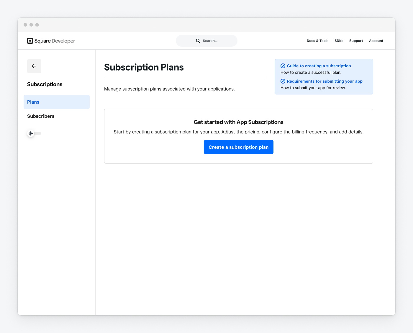 The Subscription Plans page of the developer dashboard. The list of plans is empty, with a button to "Create a subscription plan"