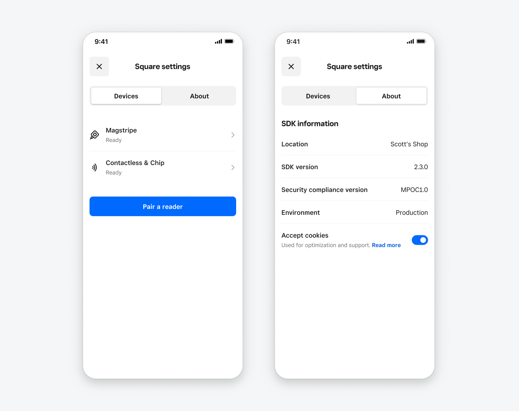 The Mobile Payments SDK's built-in settings screen, with tabs for the devices (readers) connected to the mobile device, and information about the SDK: its version, authorized location, and a toggle to accept cookies.