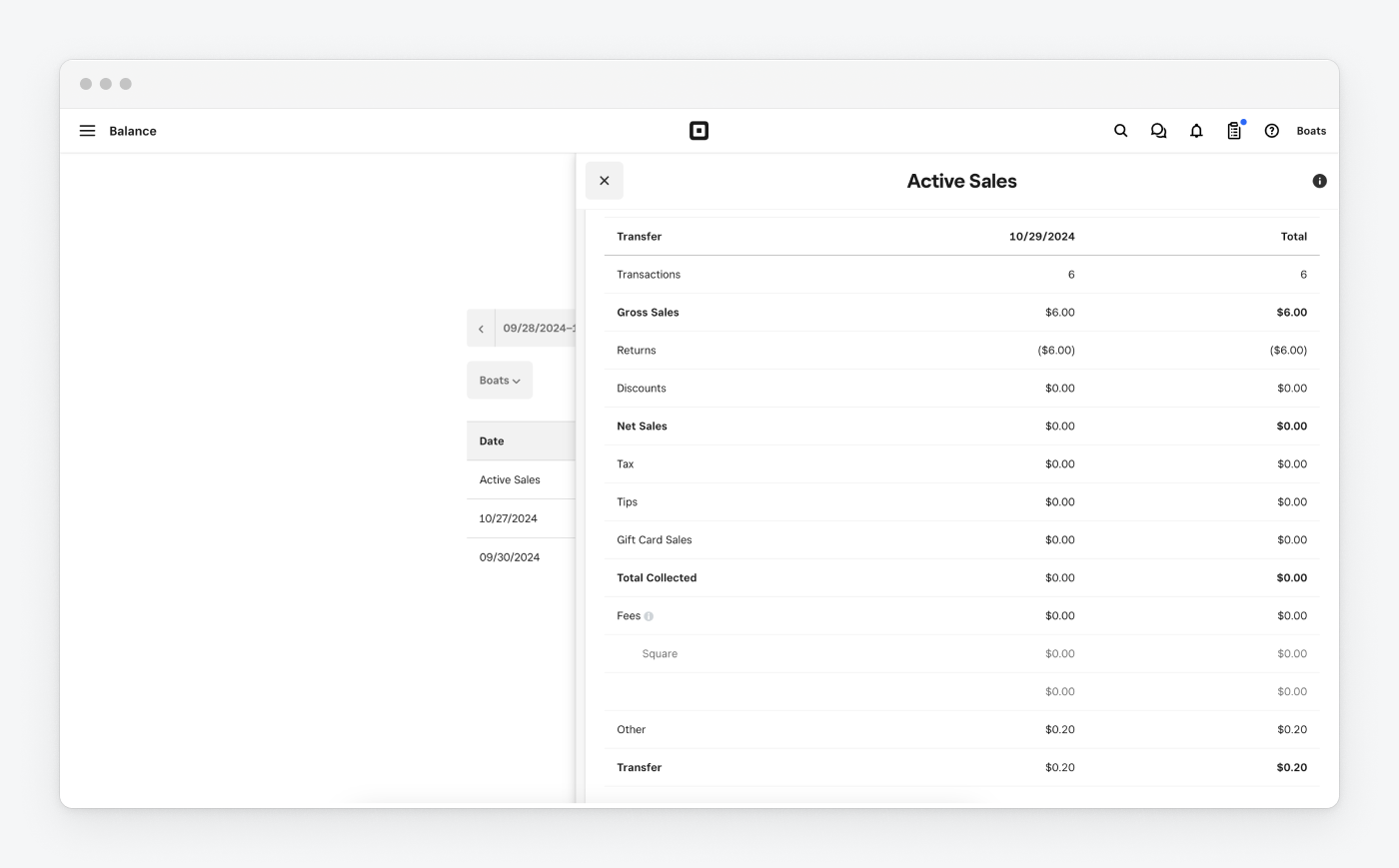 A graphic showing the application fee collected by an application in the Square Dashboard under the default location.