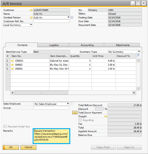 An image showing the SAP Business One, A/R Invoice page, None aggregation type.