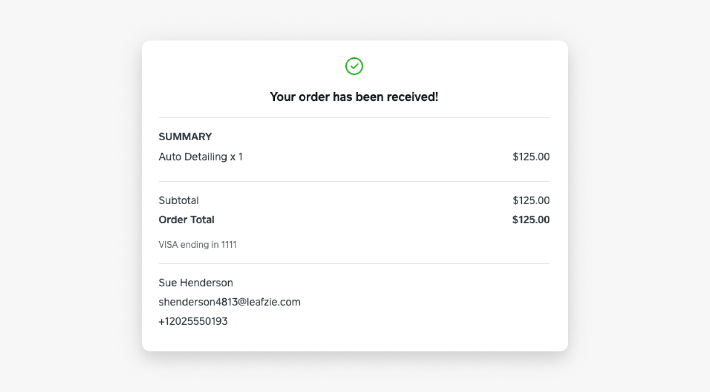 A screenshot showing an example Square-provided confirmation page.