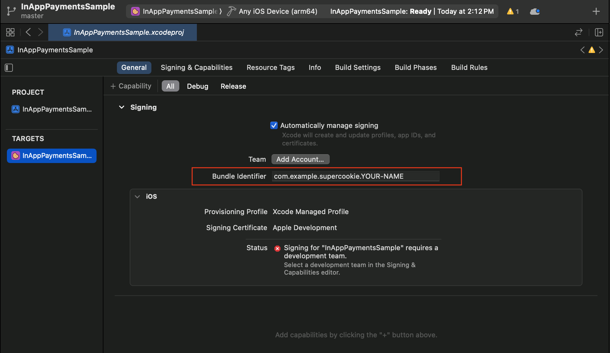 An Xcode screenshot that depicts the bundle identifier setting to be updated for setting up the In-App Payments SDK quickstart sample application.