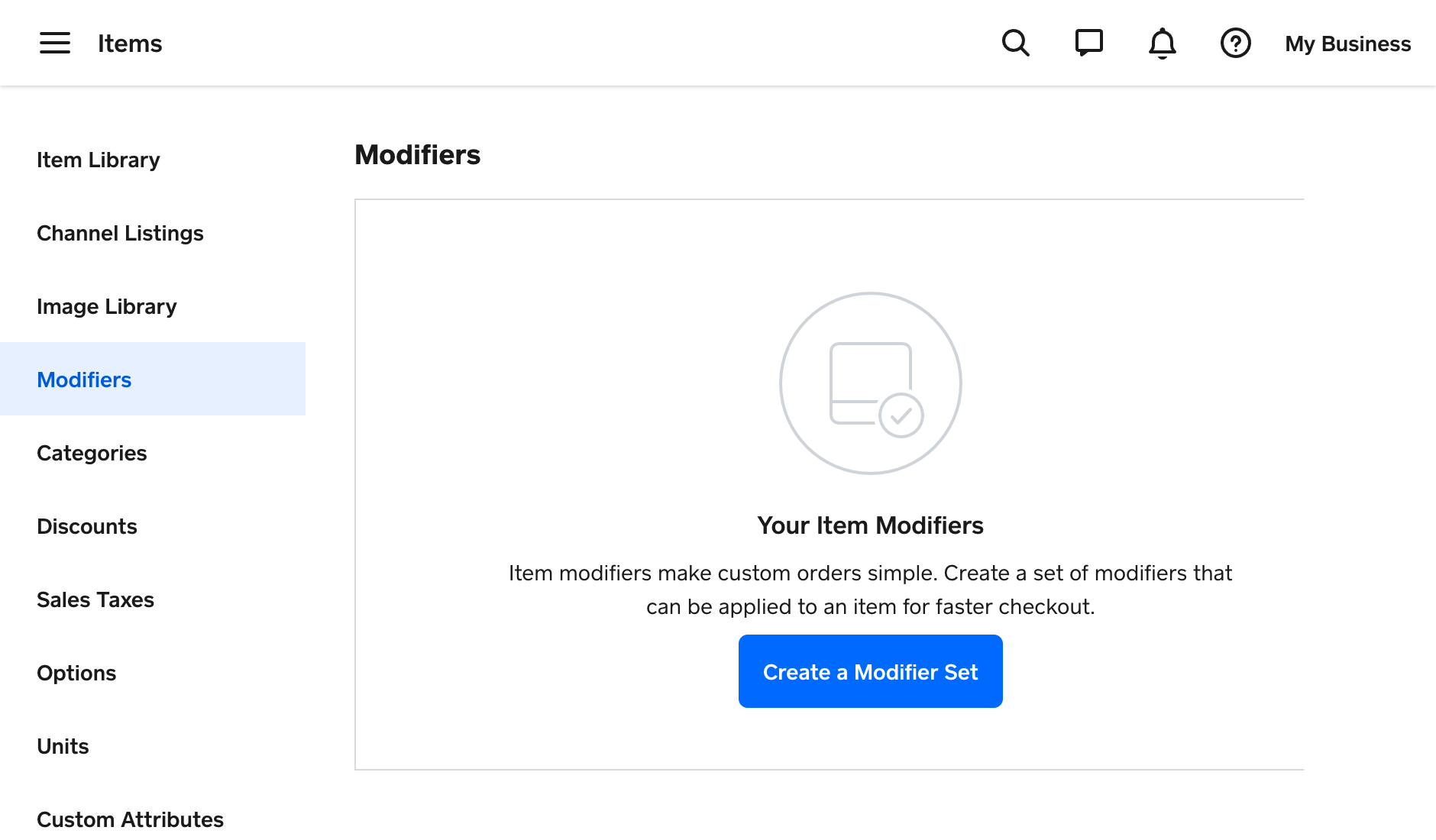 Square seller dashboard items, modifiers: Create a modifier set