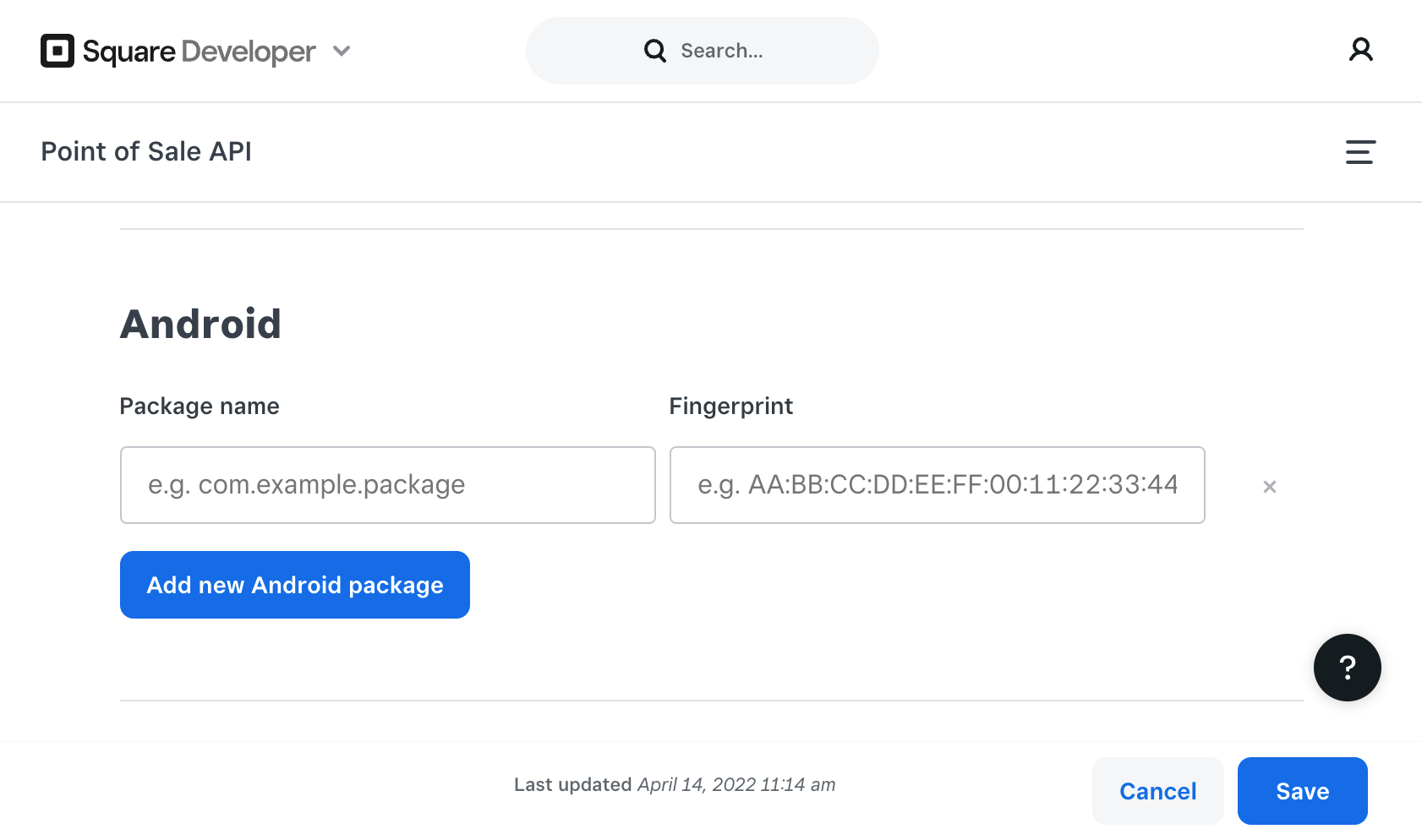Developer dashboard, Point of Sale api. Android fingerprint
