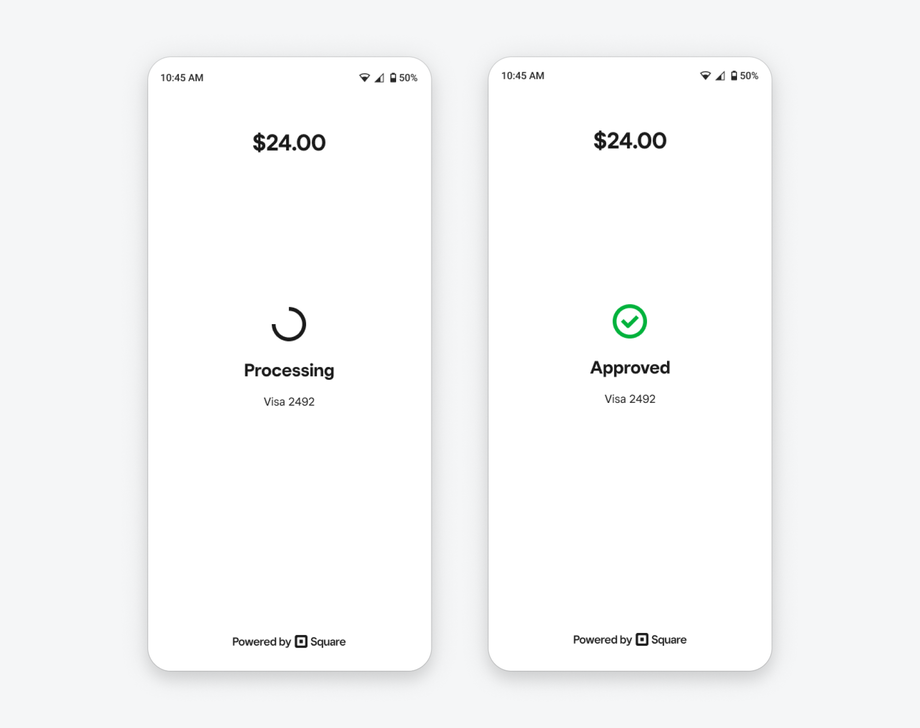 A graphic showing two payment screens in the Android Mobile Payments SDK, showing a 24 dollar payment going through "Processing" and "Approved" status.