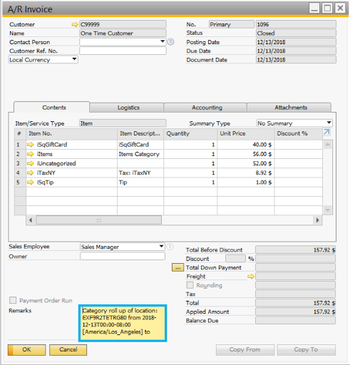 An image showing the SAP Business One, A/R Invoice page, daily category aggregation type.